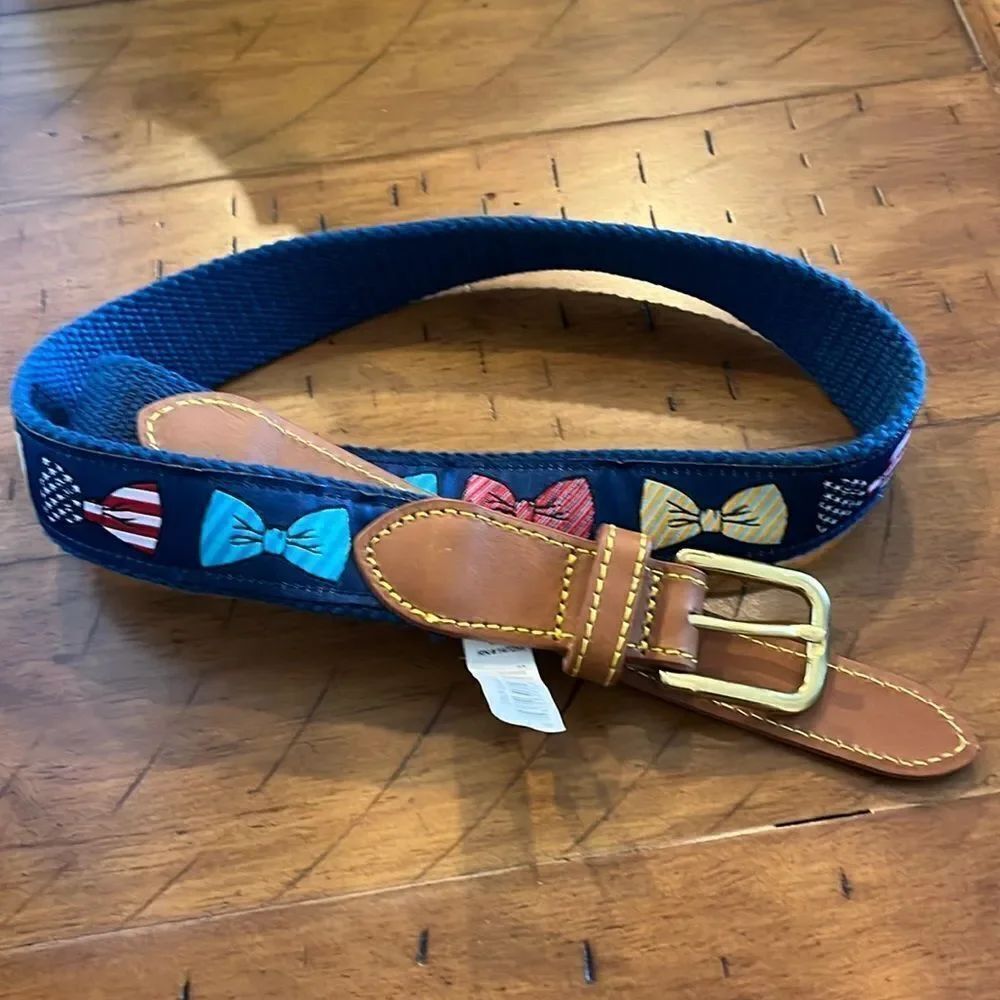 New Simply Southern Mens Blue Cloth Bowties Bow tie & Leather Trim Belt size 34